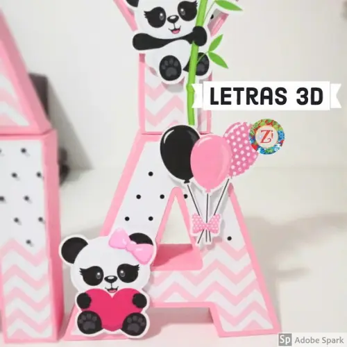 Letras e Números 3D - Tema PANDA ROSA