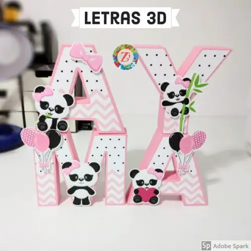 Letras e Números 3D - Tema PANDA ROSA