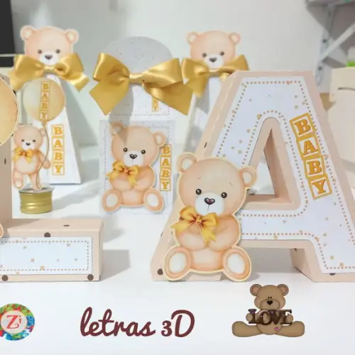 Letras e Números 3d - Tema Ursinho Aquarela Dourado