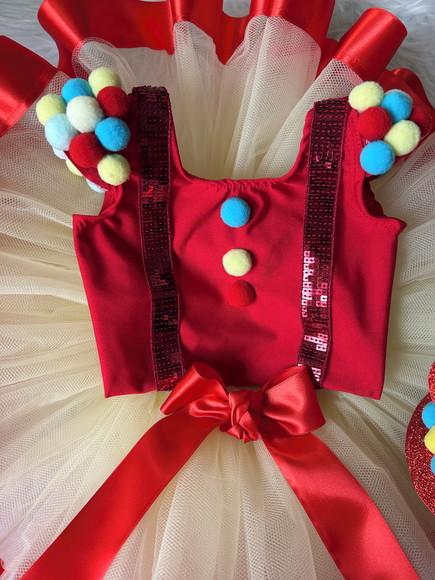 Vestido Fantasia Circo Vermelho Luxo Palhacinha Pompons Luxo