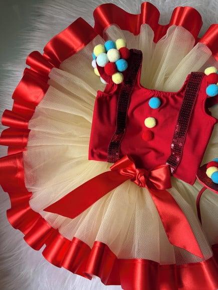 Vestido Fantasia Circo Vermelho Luxo Palhacinha Pompons Luxo