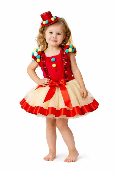 Vestido Fantasia Circo Vermelho Luxo Palhacinha Pompons Luxo