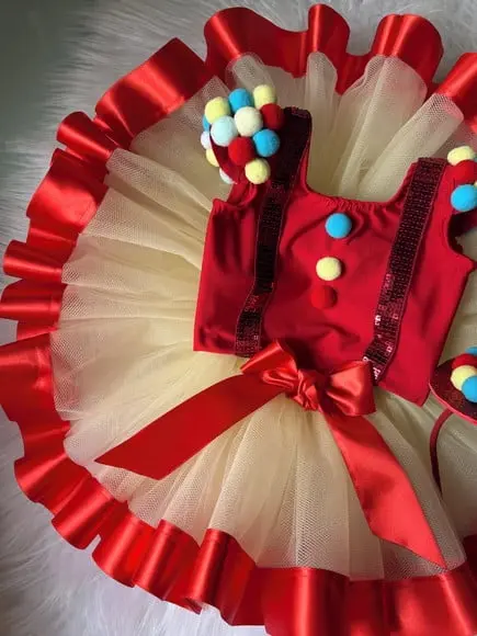 Vestido Fantasia Circo Vermelho Luxo Palhacinha Pompons Luxo