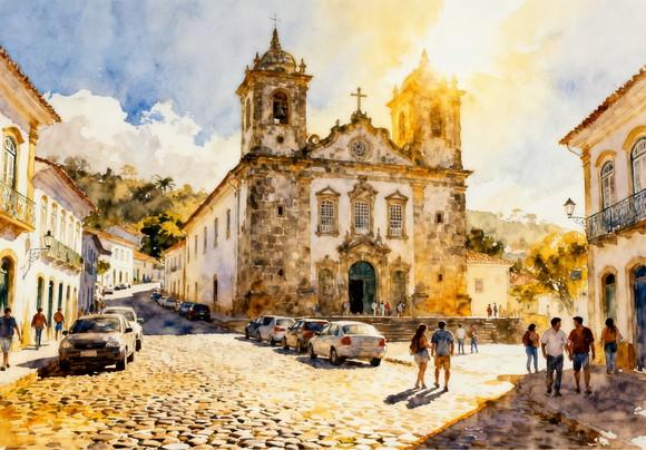 Kit 2 Quadros Aquarela Ouro Preto Mg - Frete Único 1-2