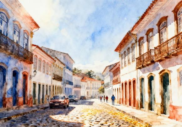 Kit 2 Quadros Aquarela Ouro Preto Mg - Frete Único 7-8