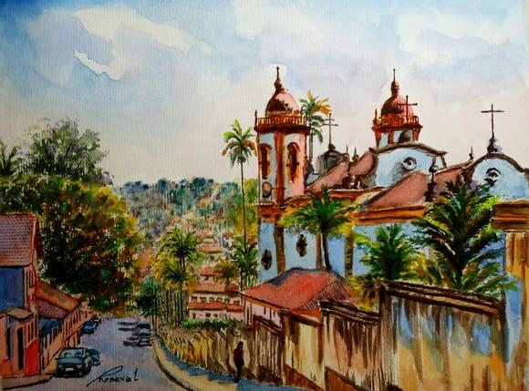 Paisagem de S J Del Rei Aquarela - Decoração Sala, Escrit 01