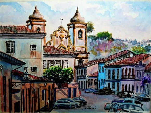 Paisagem de Ouro Preto Aquarela - Decoração Sala, Escrit. 01