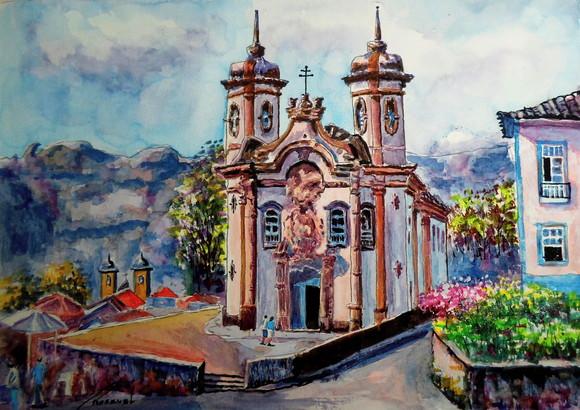 Paisagem de Ouro Preto Aquarela - Decoração Sala, Escrit.