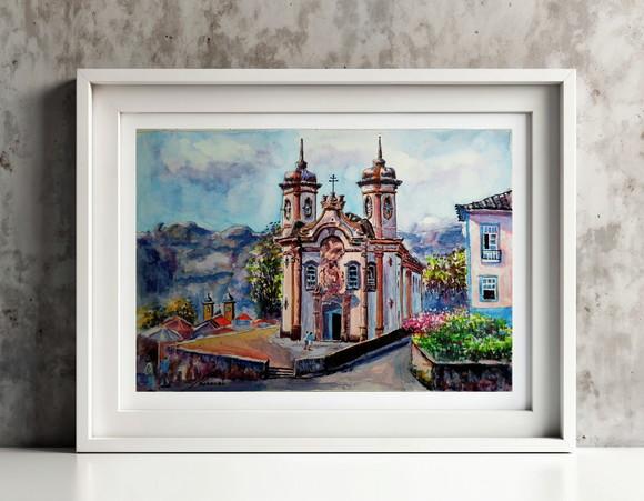 Paisagem de Ouro Preto Aquarela - Decoração Sala, Escrit.