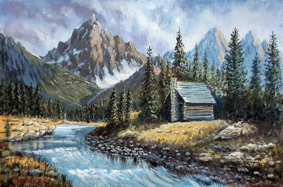Pintura Acrílica Sobre Tela - Paisagem, Montanhas, Rio.