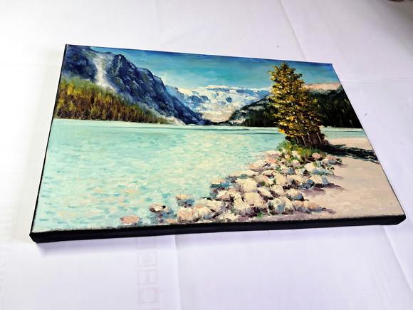 Pintura Óleo Sobre Tela - Paisagem, Montanhas, Árvores, Rio.