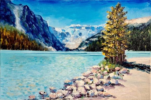 Pintura Óleo Sobre Tela - Paisagem, Montanhas, Árvores, Rio.