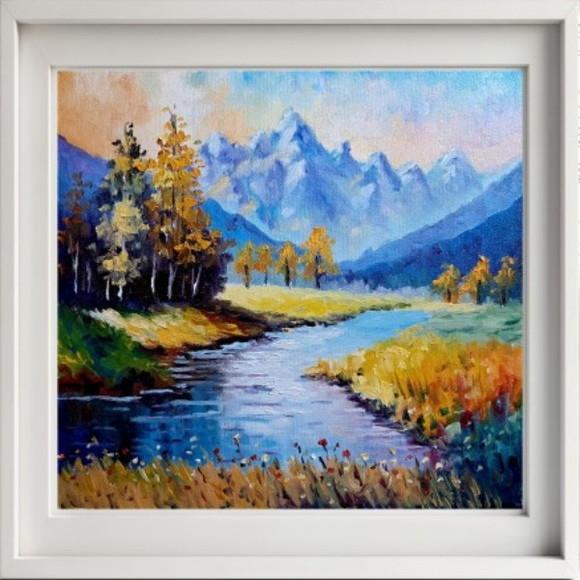Pintura Óleo Sobre Tela - Paisagem, Montanhas, Árvores, Rio.