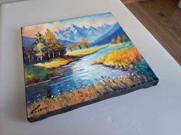 Pintura Óleo Sobre Tela - Paisagem, Montanhas, Árvores, Rio.