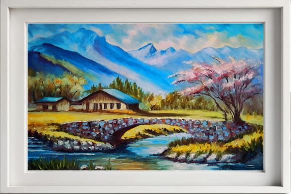 Pintura Óleo Sobre Tela - Paisagem, Montanhas, Casas, Rio.