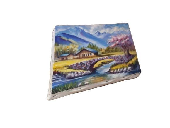 Pintura Óleo Sobre Tela - Paisagem, Montanhas, Casas, Rio.