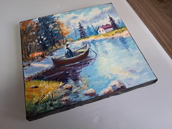Quadro Óleo Sobre Tela - Paisagem, Barco, Rio.