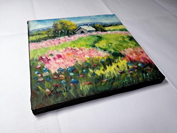 Quadro Óleo Sobre Tela - Paisagem, Campos Floridos, Cabana.