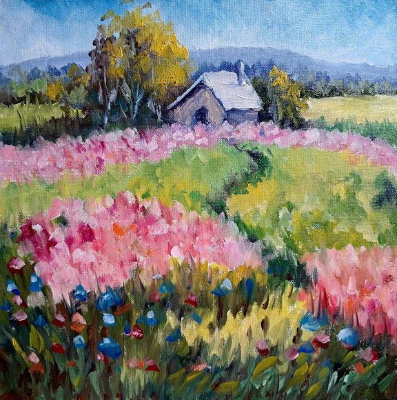 Quadro Óleo Sobre Tela - Paisagem, Campos Floridos, Cabana.