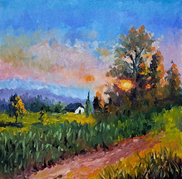 Quadro Óleo Sobre Tela - Paisagem, Casa Campo, Por do Sol.