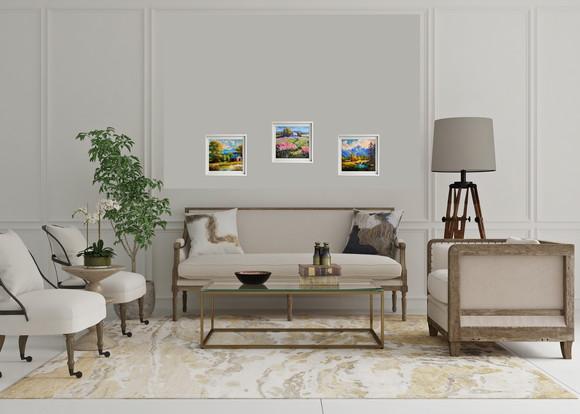 Quadro Óleo Sobre Tela - Paisagem, Campos Floridos, Cabana.
