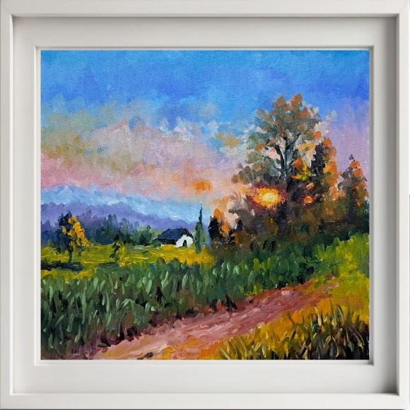 Quadro Óleo Sobre Tela - Paisagem, Casa Campo, Por do Sol.