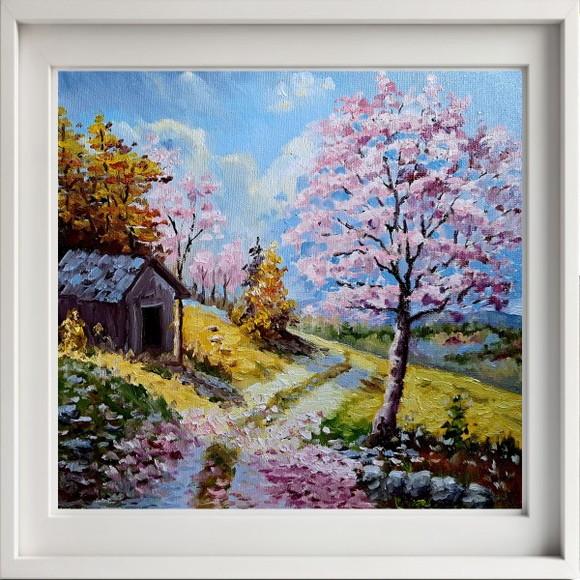 Quadro Óleo Sobre Tela - Paisagem, Cerejeiras, Cabana.