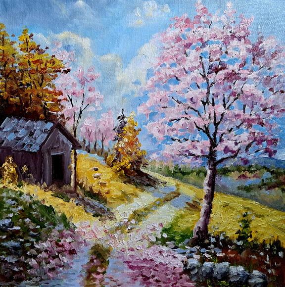 Quadro Óleo Sobre Tela - Paisagem, Cerejeiras, Cabana.
