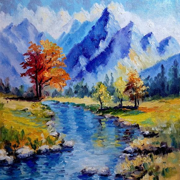 Quadro Óleo Sobre Tela - Paisagem, Montanhas, Árvores e Rio.