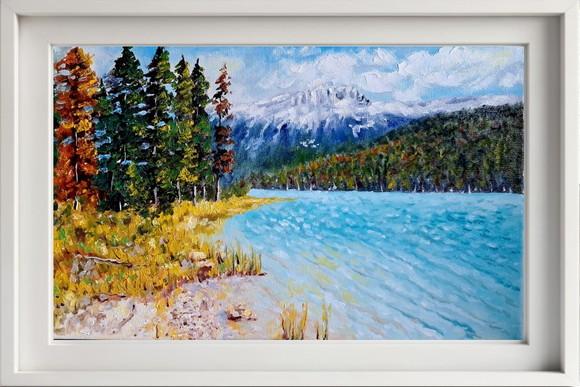 Quadro Óleo Sobre Tela - Paisagem, Montanhas, Árvores e Rio.
