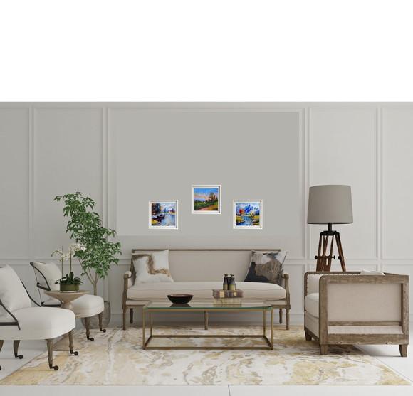 Quadro Óleo Sobre Tela - Paisagem, Montanhas, Árvores e Rio.