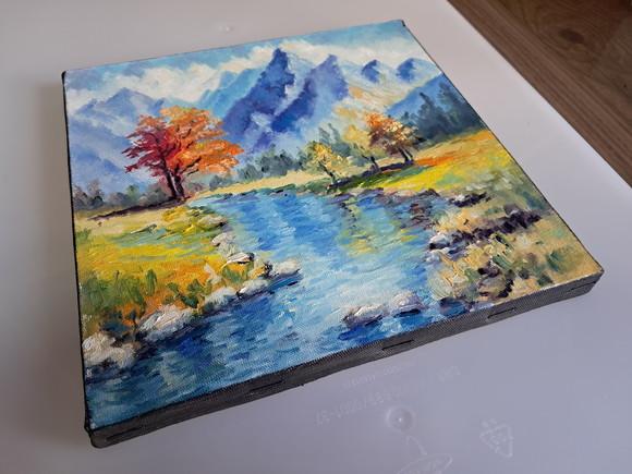 Quadro Óleo Sobre Tela - Paisagem, Montanhas, Árvores e Rio.