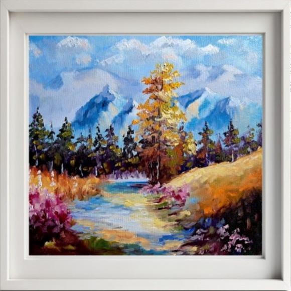 Quadro Óleo Sobre Tela - Paisagem, Montanhas, Árvores.