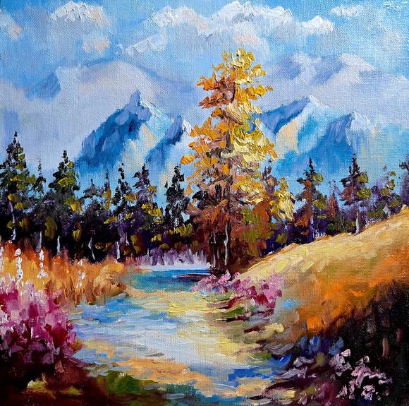 Quadro Óleo Sobre Tela - Paisagem, Montanhas, Árvores.