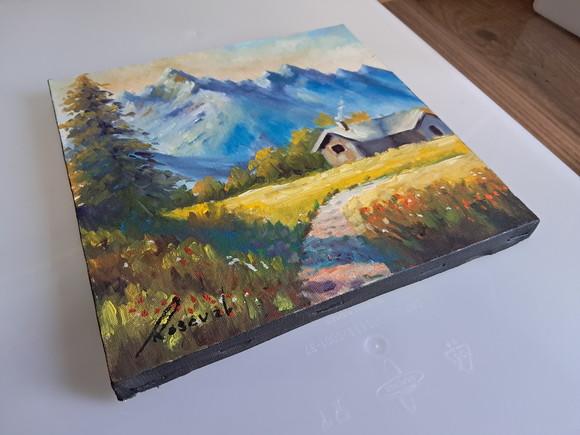 Quadro Óleo Sobre Tela - Paisagem, Montanhas, Casa de Campo.