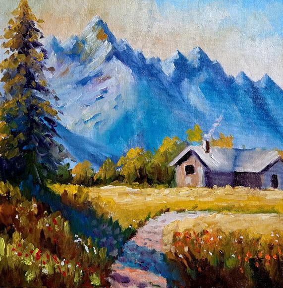 Quadro Óleo Sobre Tela - Paisagem, Montanhas, Casa de Campo.