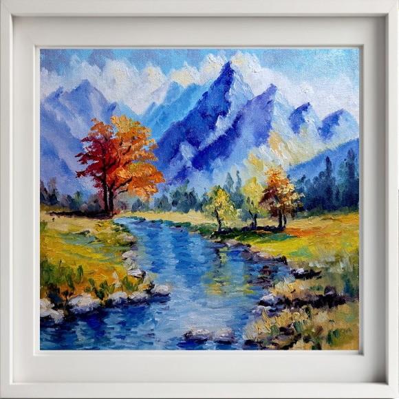 Quadro Óleo Sobre Tela - Paisagem, Montanhas, Árvores e Rio.