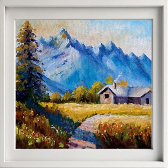 Quadro Óleo Sobre Tela - Paisagem, Montanhas, Casa de Campo.