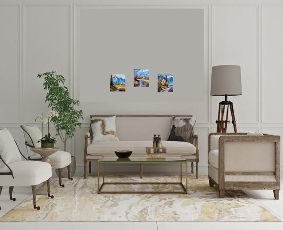 Quadro Óleo Sobre Tela - Paisagem, Montanhas, Chalé.