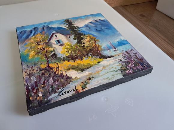 Quadro Óleo Sobre Tela - Paisagem, Montanhas, Chalé.