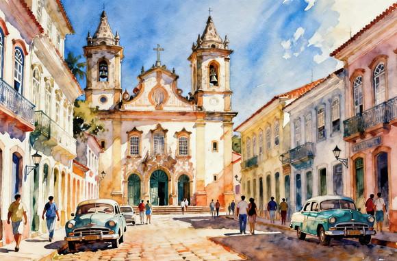Quadro Paisagem Cidade Histórica Aquarela - Decoração 02