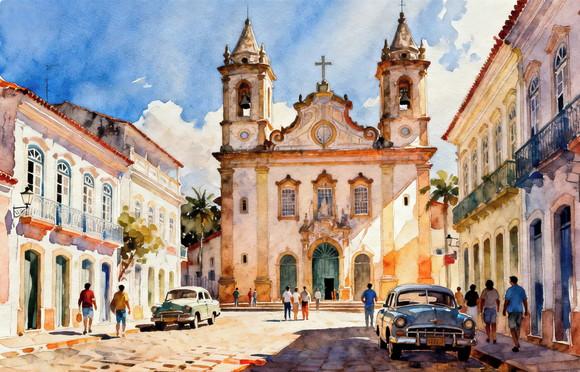 Quadro Paisagem Cidade Histórica Aquarela - Decoração 03