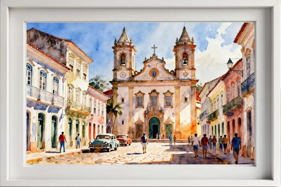 Quadro Paisagem Cidade Histórica Aquarela - Decoração 04