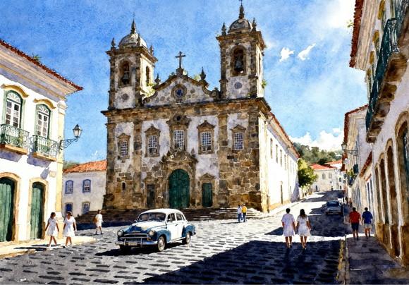 Quadro Paisagem de Ouro Preto Mg Aquarela - Decoração Op01