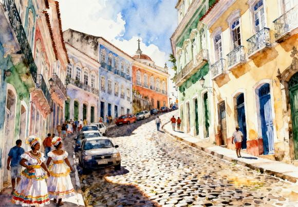 Quadro Paisagem de Salvador Ba Aquarela - Decoração Sa04