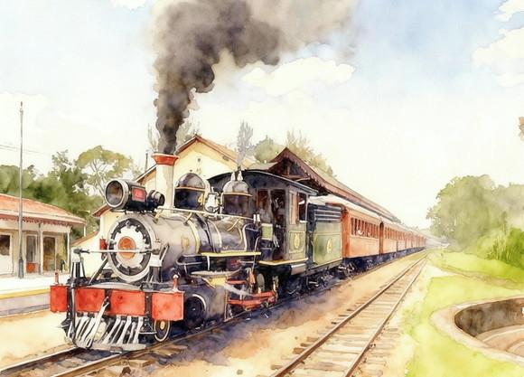 Quadro Paisagem Trem Vapor Aquarela - Decoração 01