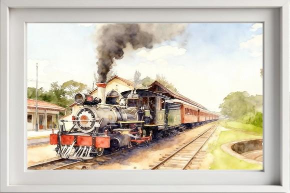 Quadro Paisagem Trem Vapor Aquarela - Decoração 01