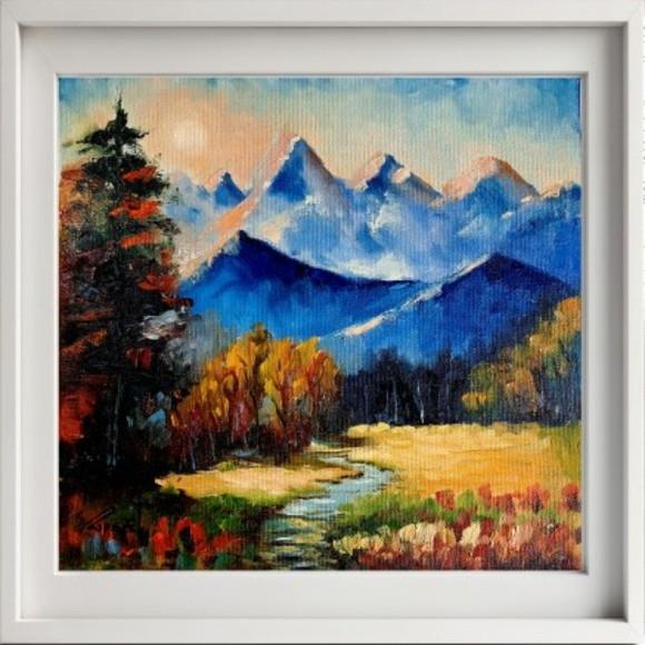 Quadro Pintado à Mão - Paisagem, Montanhas, Árvores, Rio.