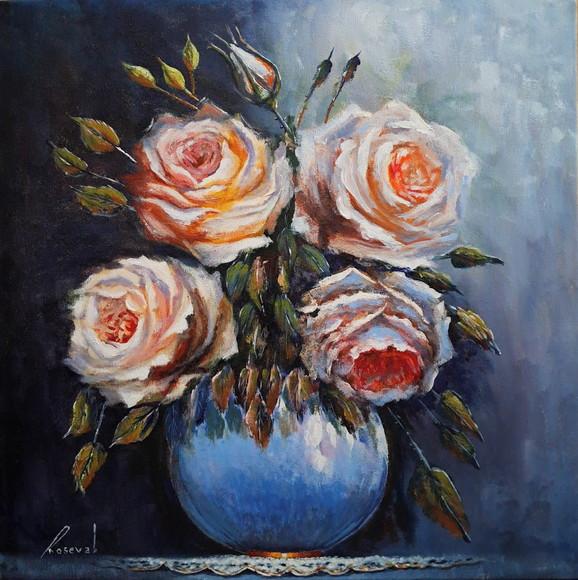 Quadro Pintado à Mão - Rosas Brancas
