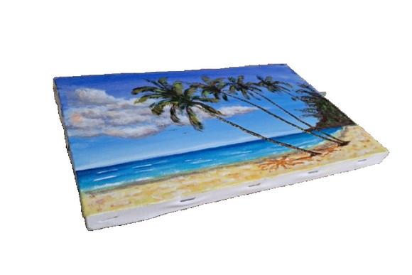 Quadro Praia Acrílica - Mar Azul Coqueiros Barco 13